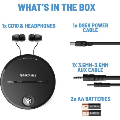 Discman, Tragbarer CD-Player, AUX, Anti-Shock, schwarz, Oakcastle CD10, GEPRÜFT