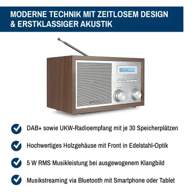 Nostalgieradio mit DAB+, Bluetooth, Walnuss, Blaupunkt, RXD180WN, Neu