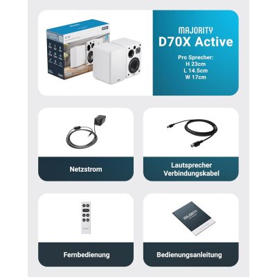 Regallautsprecher, Aktiv, HDMI ARC, BT, Weiss,1 Paar, Majority D70X, GEPRÜFT