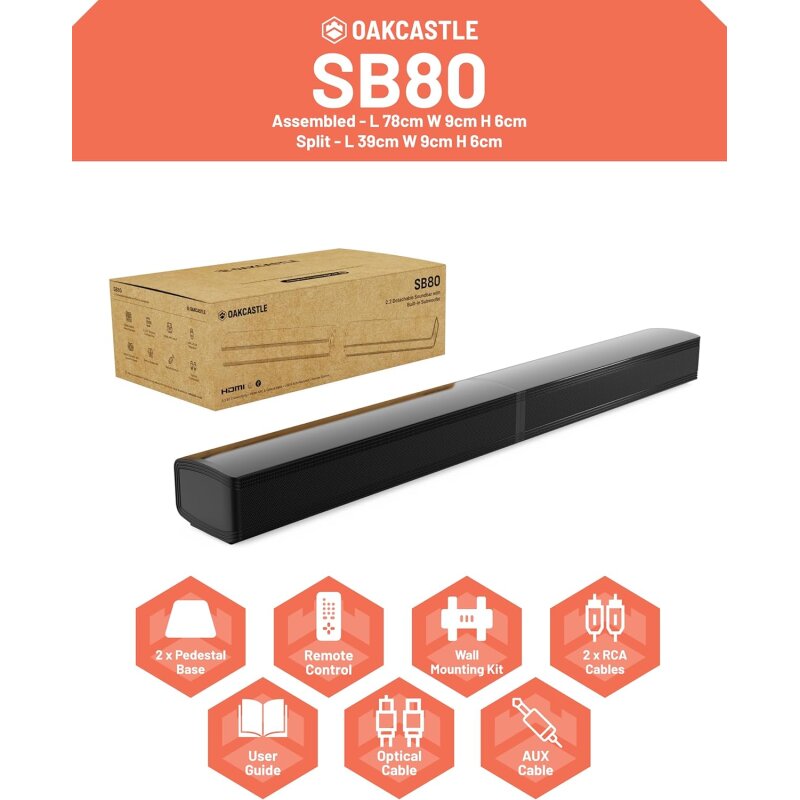 TV Soundbar teilbar Bluetooth, Standard ohne HDMI Kabel,Oakcastle SB80, GEPRÜFT