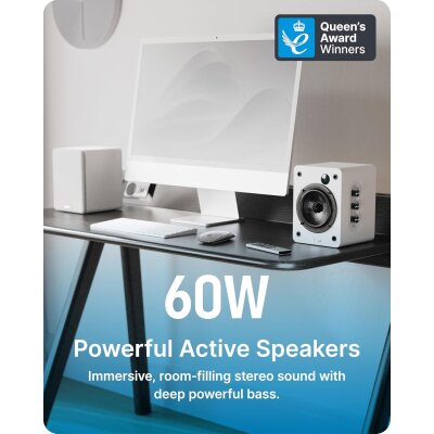 kleine Aktiv Desktop Lautsprecher 1 Paar BT HDMI ARC USB, Majority D50X Weiß, GEPRÜFT
