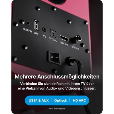 kleine Aktiv PC Lautsprecher 1 Paar BT HDMI USB, Majority D50X Maroon, WIE NEU