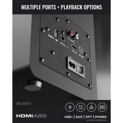 Aktiv Lautsprecher Bluetooth HDMI Phono, Paar Majority D100X Schwarz, GEPRÜFT