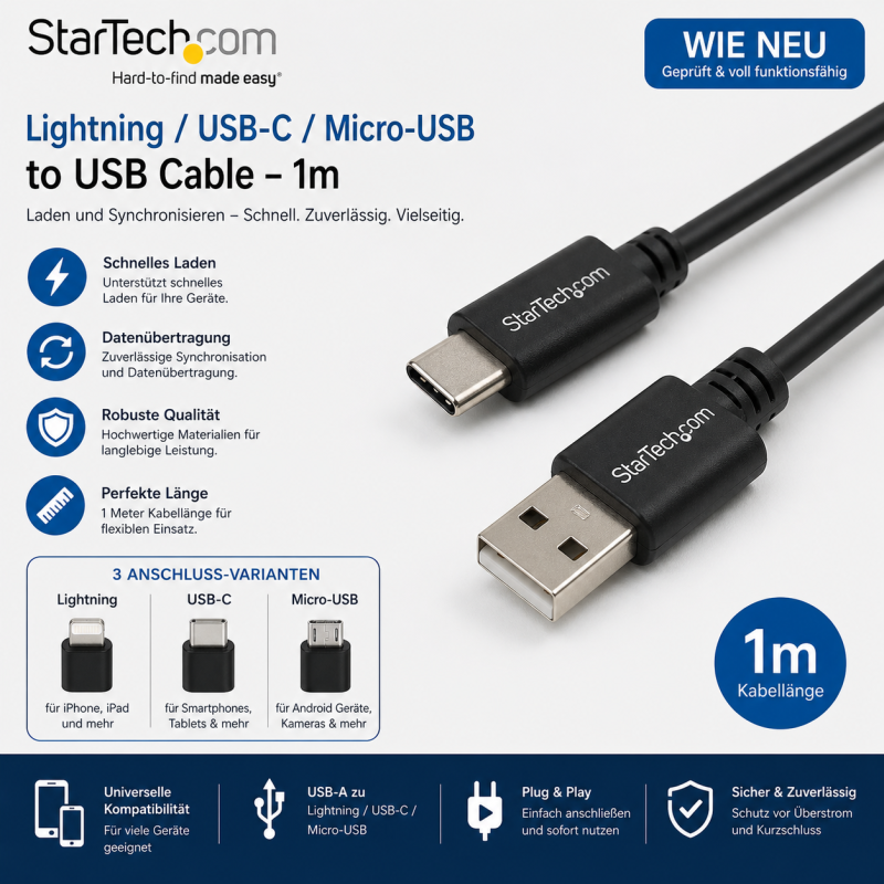 USB Kabel 1m Lightning USB-C Micro USB Lade Datenkabel – StarTech WIE NEU