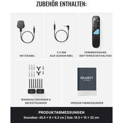 2.1 Soundbar Bluetooth HDMI ARC, Subwoofer, Majority Bowfell Axis Dolby, WIE NEU